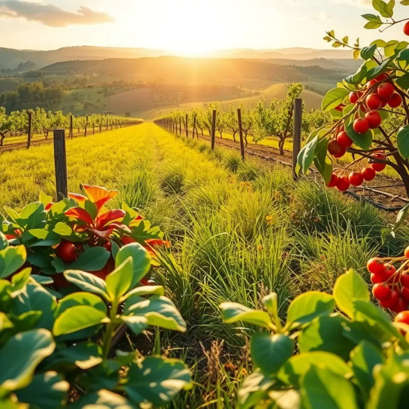A vibrant sunlit field showcasing the abundance of organic vegetables and fruits.