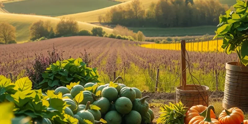 A vibrant sunlit field filled with organic fruits and vegetables, reflecting the abundance and freshness of nature.