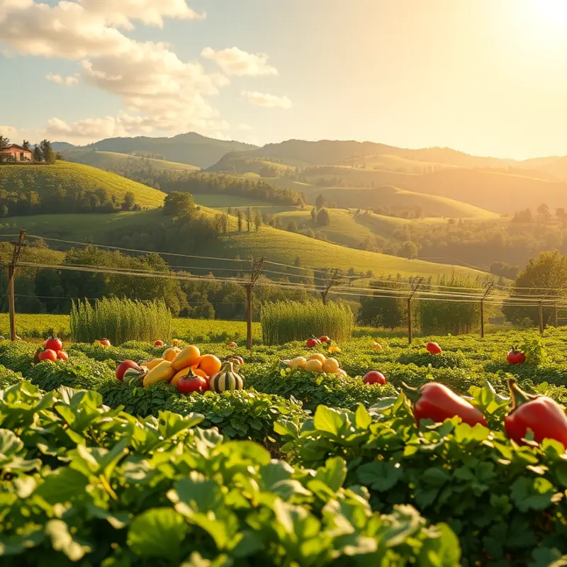A serene landscape showcasing the abundance of healthy fruits and vegetables amid lush greenery.