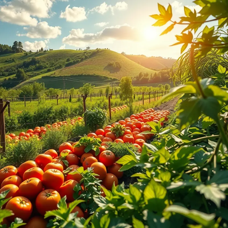 A vibrant sunlit field, showcasing the abundance of organic fruits and vegetables.