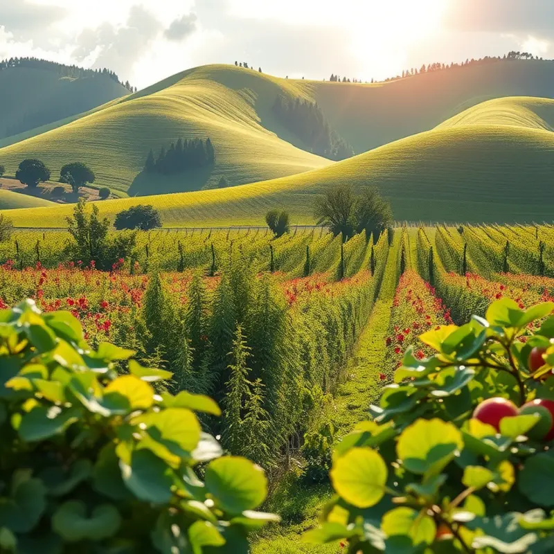 A lush sunlit field rich in organic vegetables and fruits.