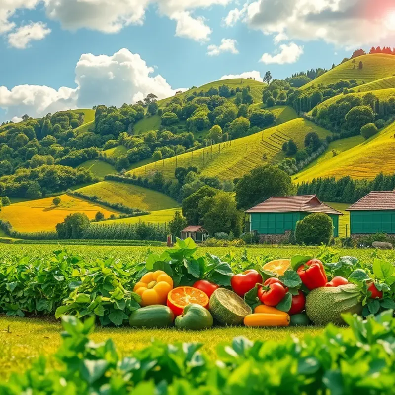 A serene landscape showcasing vibrant vegetables and fruits in a sunlit field.