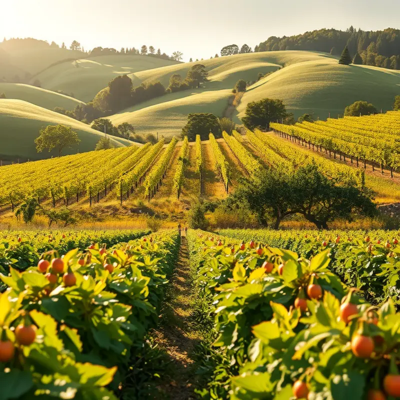 A vibrant sunlit field brimming with organic fruits and vegetables.