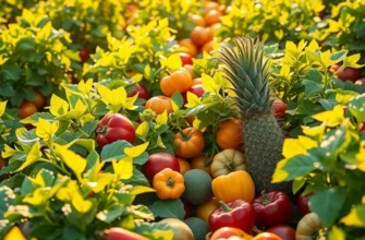 A scenic view of a sunlit field with vibrant vegetables and fruits surrounded by lush greenery.