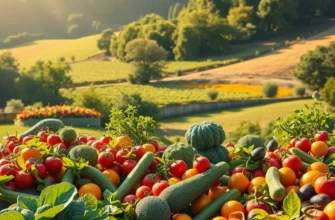 A captivating view of a sunlit field filled with organic fruits and vegetables.