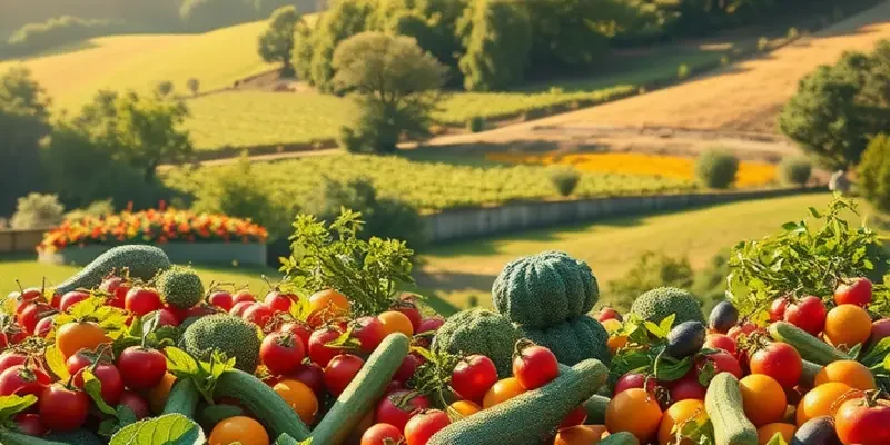 A captivating view of a sunlit field filled with organic fruits and vegetables.