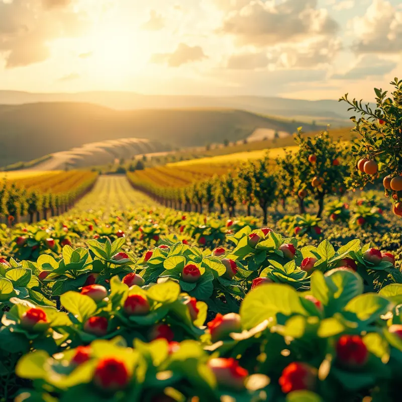 A vibrant sunlit field showcasing an abundance of organic produce.