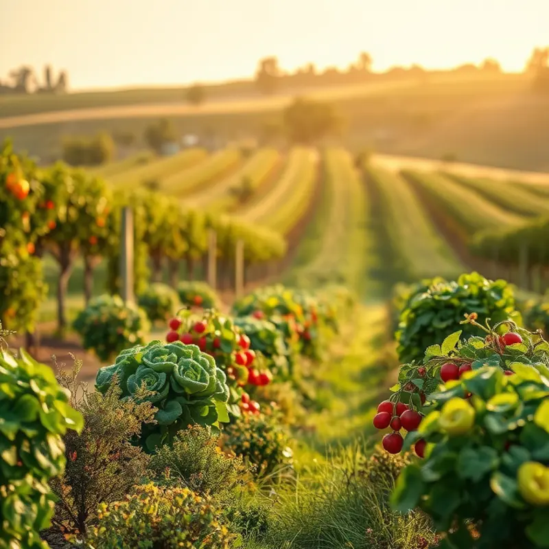 A vibrant sunlit field showcasing fresh organic vegetables and fruits.