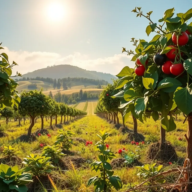 A sunlit field filled with vibrant vegetables and fruits representing fresh ingredients for meal planning.