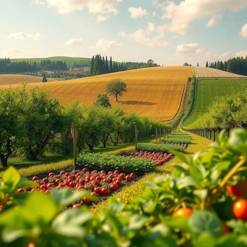 A vibrant sunlit landscape flourishing with organic produce.