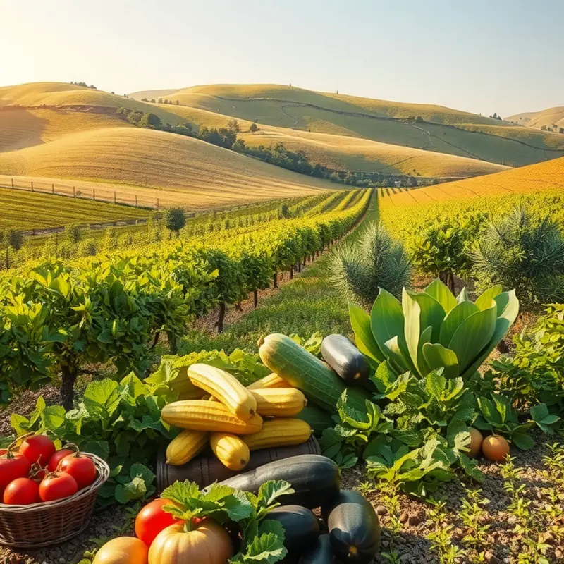 A vibrant sunlit field showcasing a bounty of organic vegetables and fruits amidst lush greenery.