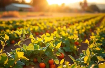 A scenic landscape filled with fresh, vibrant vegetables and fruits growing naturally in a sunlit field.