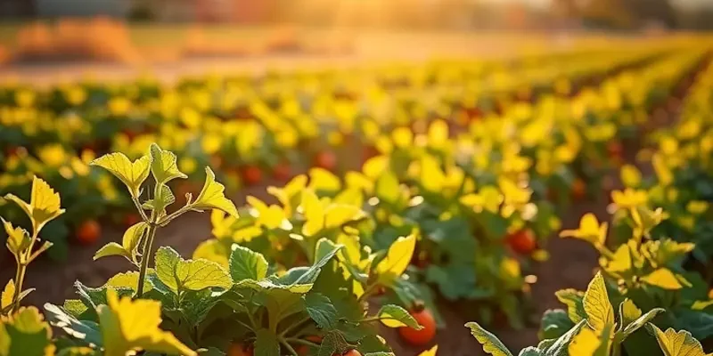 A scenic landscape filled with fresh, vibrant vegetables and fruits growing naturally in a sunlit field.