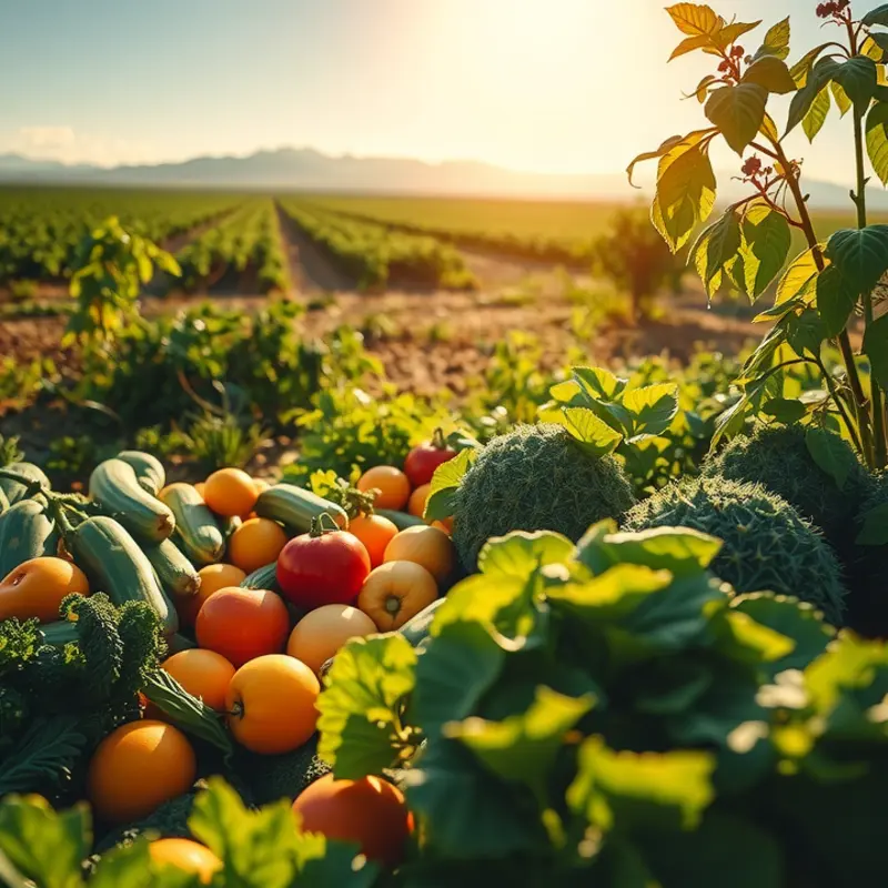 A sunlit field showcasing vibrant vegetables and fruits among lush greenery.