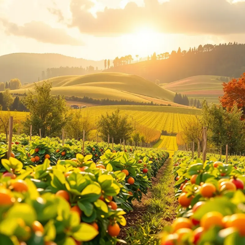 A beautiful sunlit field abundant with fresh vegetables and fruits.