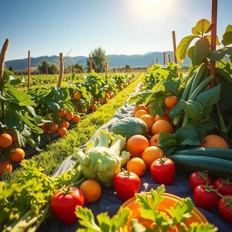A lush, sunlit field filled with colorful fruits and vegetables, representing healthy eating.