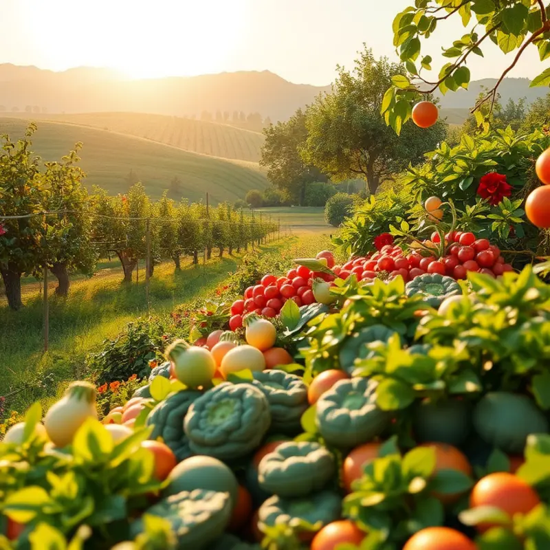 A sunlit field abundant with vibrant organic produce.