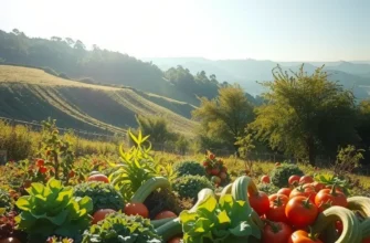 A picturesque landscape featuring a sunlit field filled with a variety of organic fruits and vegetables.
