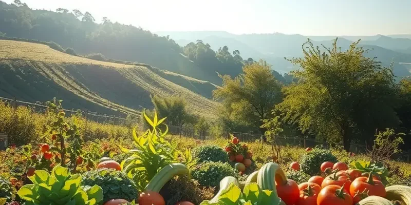 A picturesque landscape featuring a sunlit field filled with a variety of organic fruits and vegetables.