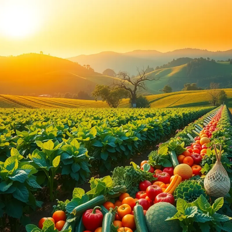 A sunlit field showcasing fresh vegetables and fruits.