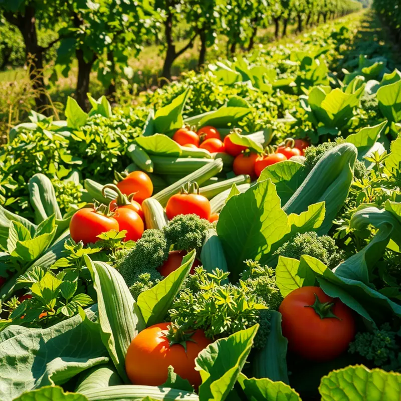 Vibrant fruits and vegetables thrive in a sunlit orchard, representing the abundance of organic health.