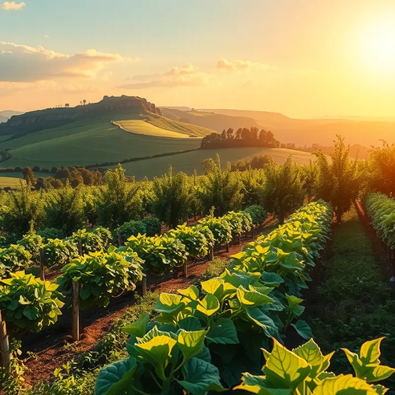 A vibrant landscape showcasing a sunlit field filled with fresh, organic vegetables and fruits.