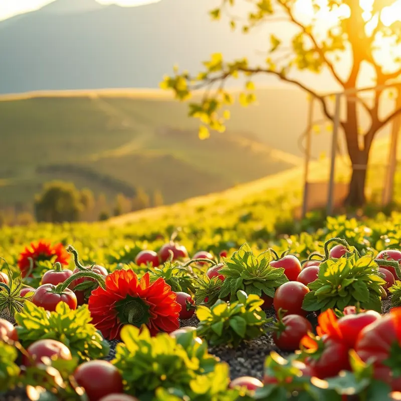 A vibrant field showcasing fresh organic vegetables and fruits under gentle sunlight.