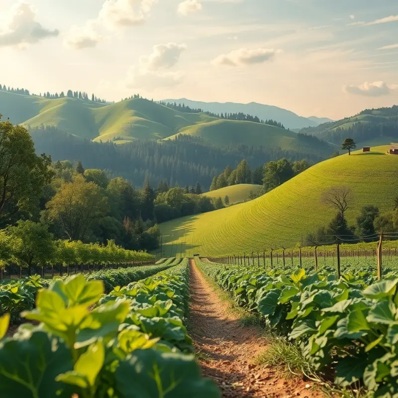 A sunlit field showcasing vibrant vegetables and fruits in a picturesque setting.