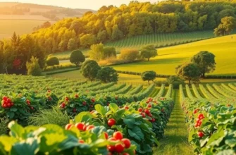 A picturesque sunlit orchard showcasing an abundance of fresh vegetables and fruits.