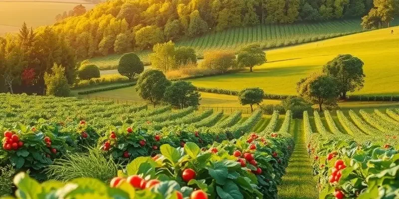 A picturesque sunlit orchard showcasing an abundance of fresh vegetables and fruits.