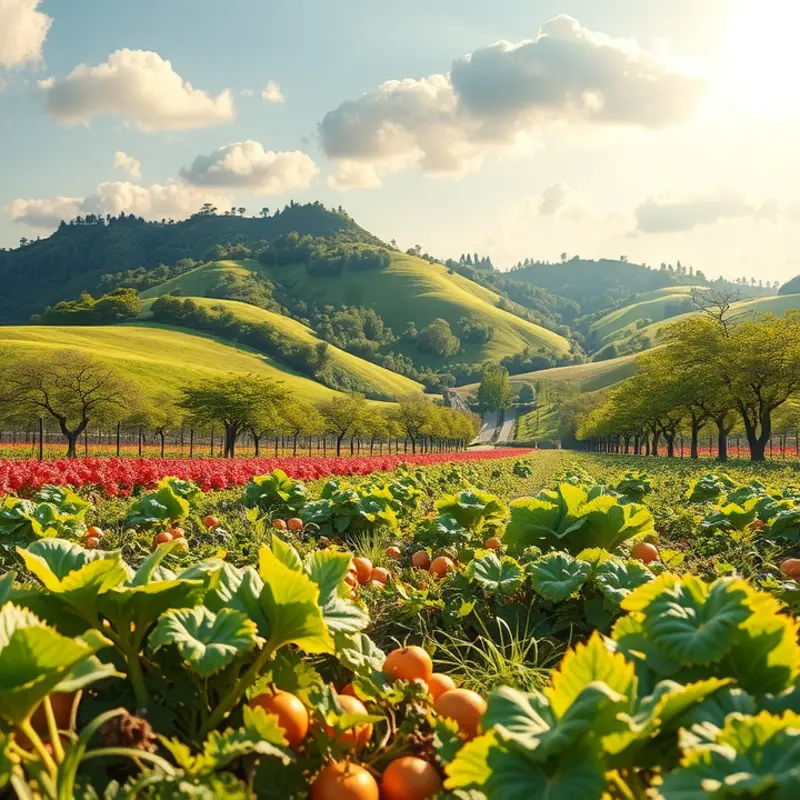 A vibrant sunlit field showcasing organic vegetables and fruits.
