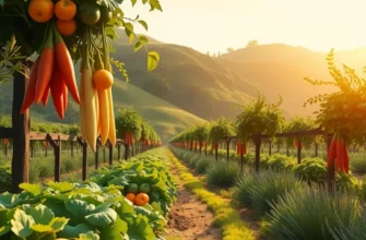 Sunlit orchard filled with vibrant vegetables and fruits, surrounded by lush greenery.