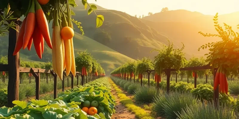 Sunlit orchard filled with vibrant vegetables and fruits, surrounded by lush greenery.