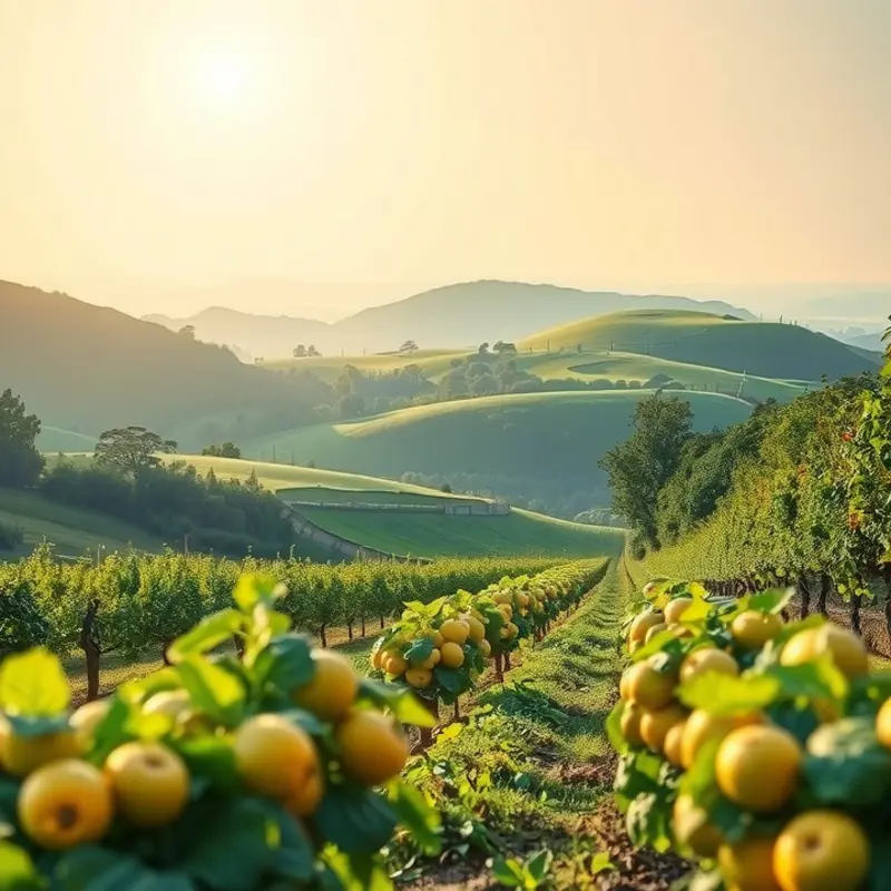 A vibrant orchard showcasing healthy fruits and vegetables.