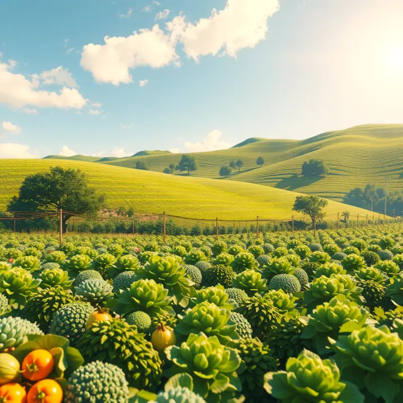 A sunlit orchard showcasing a variety of fresh fruits among lush greenery.