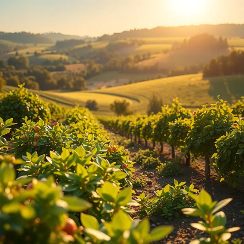 A serene orchard filled with vibrant, naturally grown fruits in soft lighting.