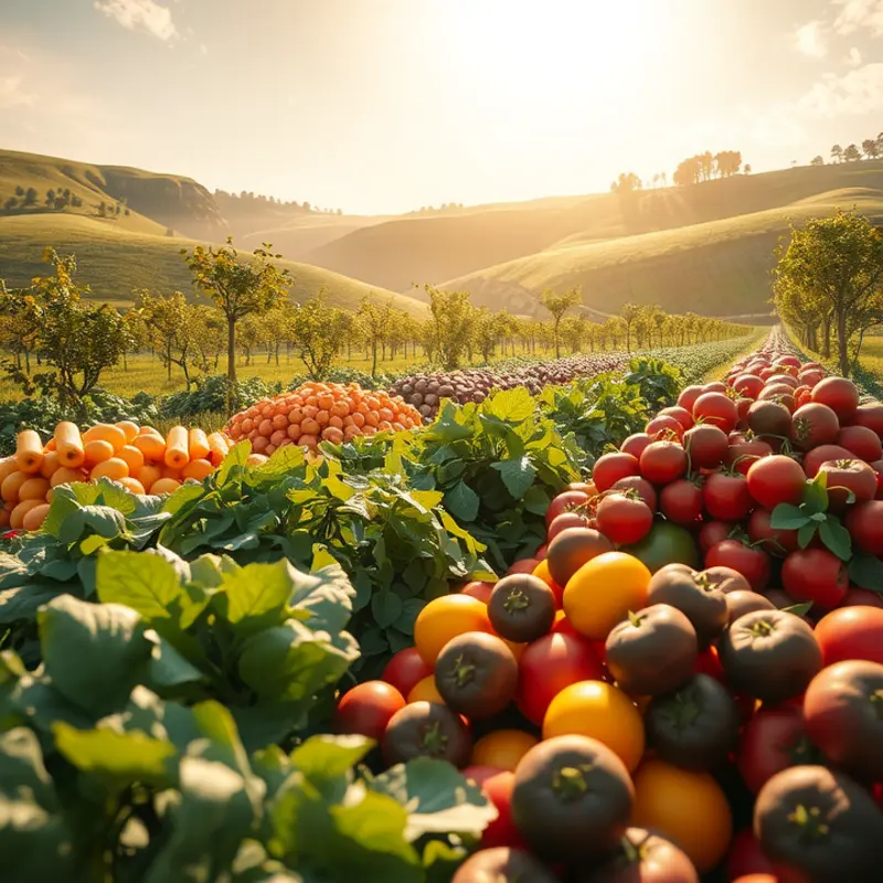 A sunlit orchard showcasing abundant vegetables and fruits.
