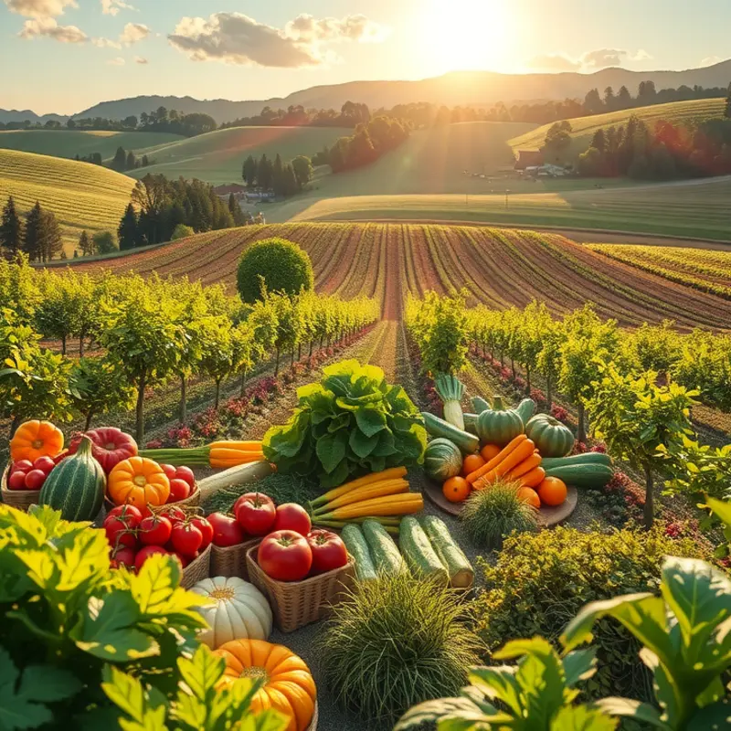 A vibrant orchard filled with organic fruits and vegetables, symbolizing natural health.
