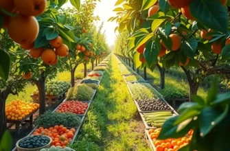 A sunlit orchard displaying lush fruits and vegetables amidst greenery, representing organic food.
