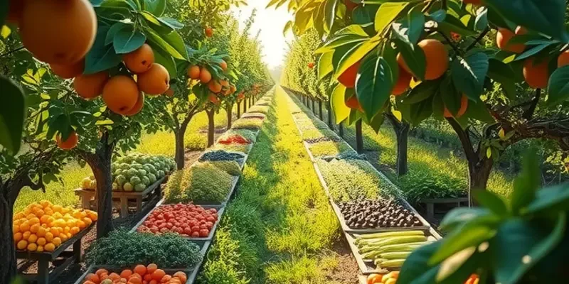 A sunlit orchard displaying lush fruits and vegetables amidst greenery, representing organic food.