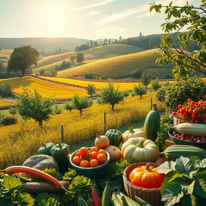 A sunlit orchard filled with vibrant fruits and vegetables, reflecting the abundance of healthy nutrition.