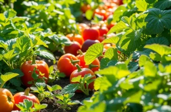 A scenic view of a sunlit field rich in colorful vegetables and fruits growing naturally.