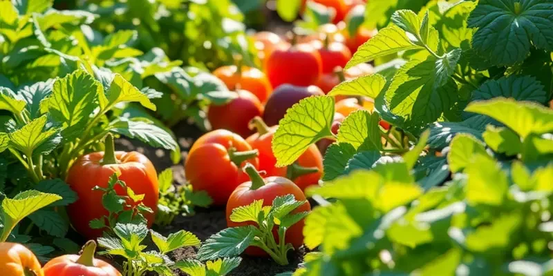 A scenic view of a sunlit field rich in colorful vegetables and fruits growing naturally.