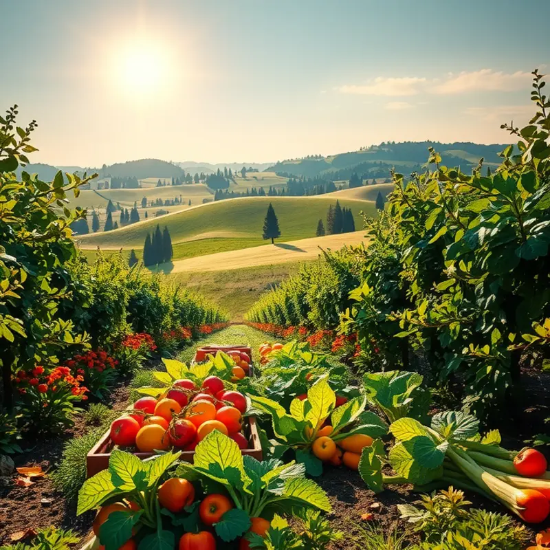 A vibrant sunlit field showcasing organic vegetables and fruits.