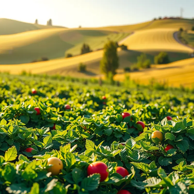 A sunlit field showcasing vibrant vegetables and fruits, reflecting abundance and fresh organic produce.