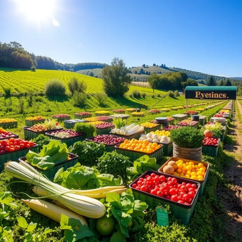 Vibrant vegetables and fruits in a sunlit organic field.