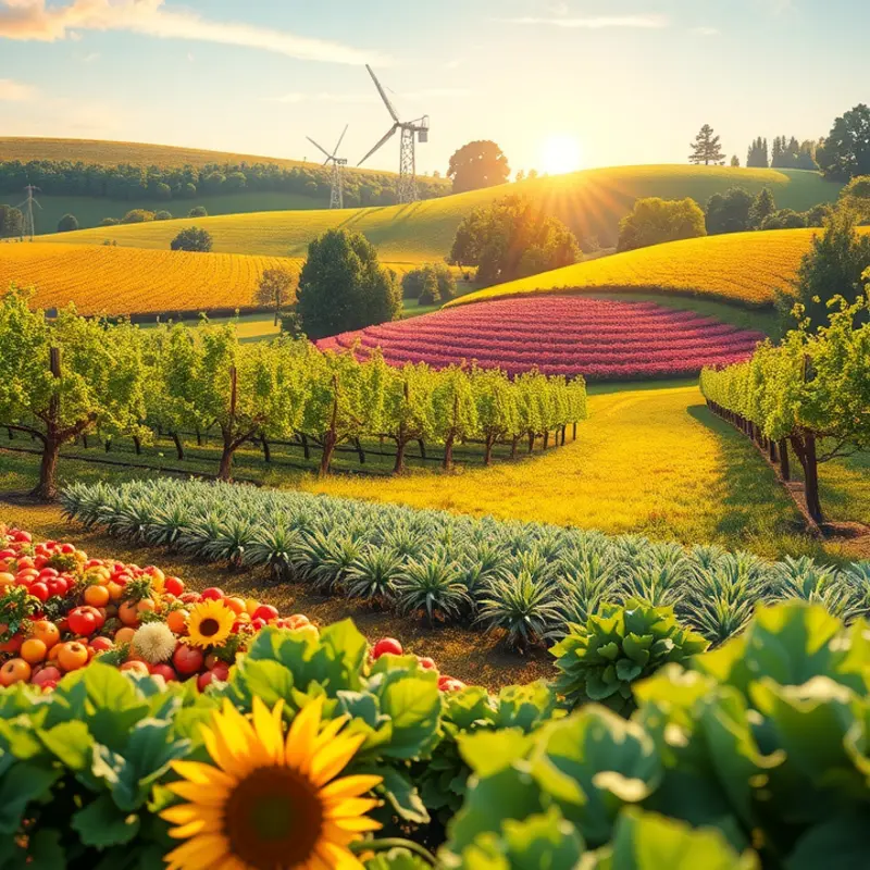 A thriving field full of organic fruits and vegetables under a bright sun.