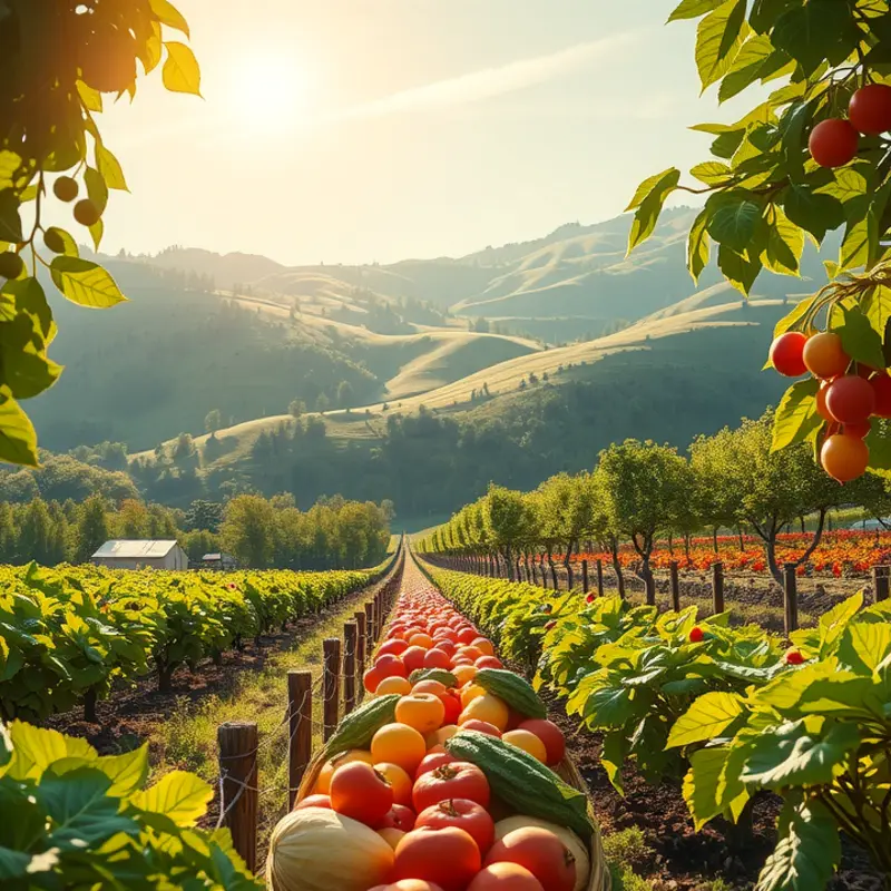 A serene landscape of a sunlit field, abundant with organic produce.