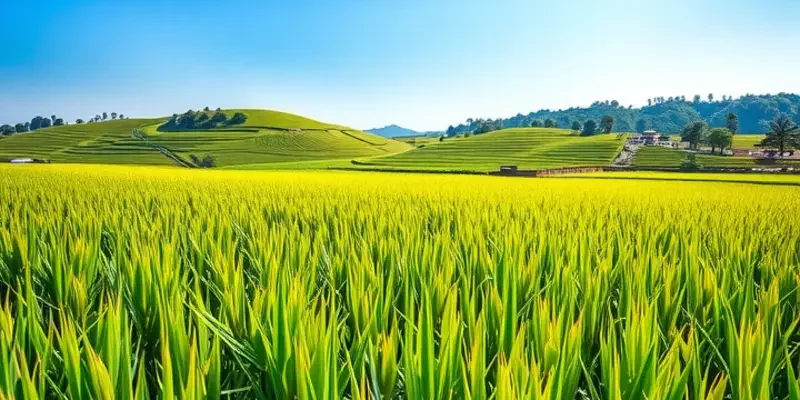 A vibrant and lush organic field filled with vegetables and fruits under warm sunlight.