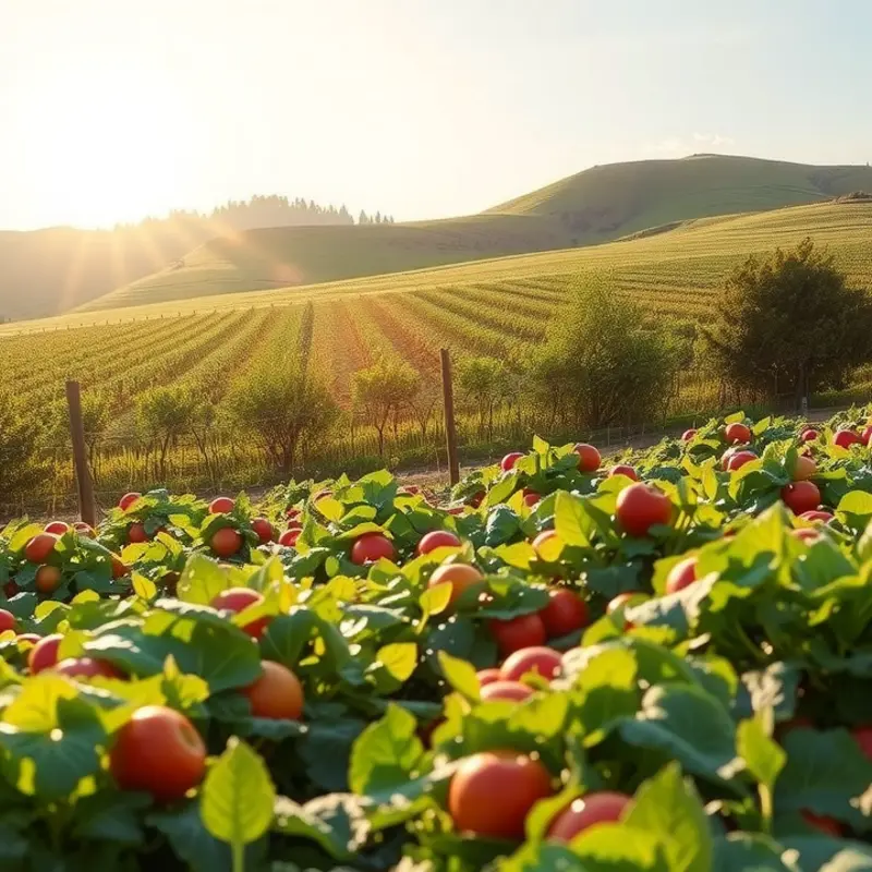 A sunlit field showcasing abundant organic produce surrounded by lush greenery.